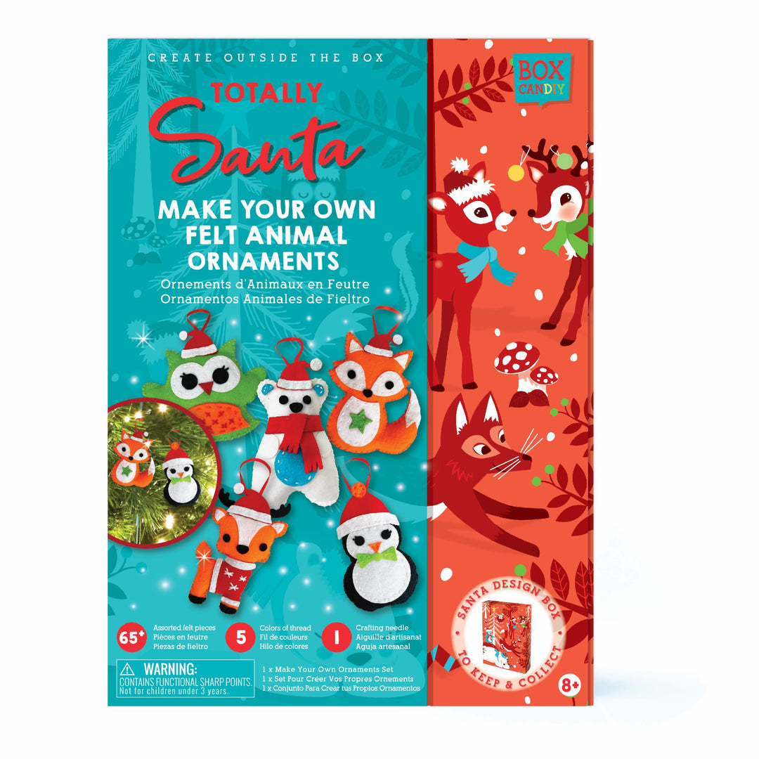 image of the boxed Totally Santa Make Your Own Felt Animal Ornaments that shows completed ornaments on the front.