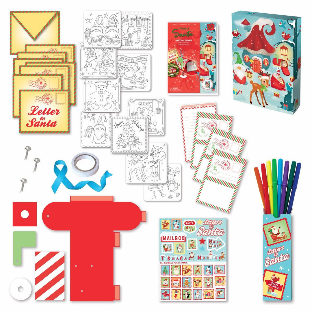 Image of the material which Includes: 4 “Elf Express” letters, 8 coloring cards, 8 envelopes, 8 color markers, decorative blue ribbon, 1 roll double-sided tape, 1 “make your own” mini mailbox, 3 metal brad fasteners, stickers and instructions, all in a keepsake storage box made from recycled cardboard.