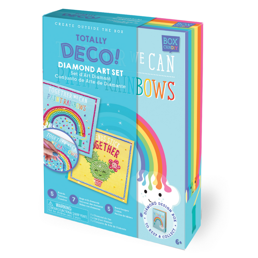 In box image of Totally Deco! Diamond Art Set 5 artboard cards with 5 hangers, 7 small bags of assorted  plastic diamond stones, 1 stone pick pen tool, 1 square of pen wax  and instructions, all in a sparkling keepsake storage box made from recycled cardboard.