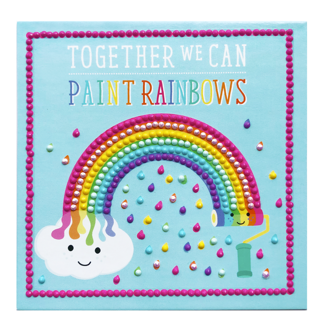 Completed diamond art with rainbow image and "together we can paint rainbows" phrase.