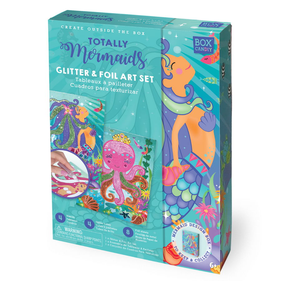 Box image of Totally Mermaids Glitter & Foil Art Set with completed art on the front of the box.