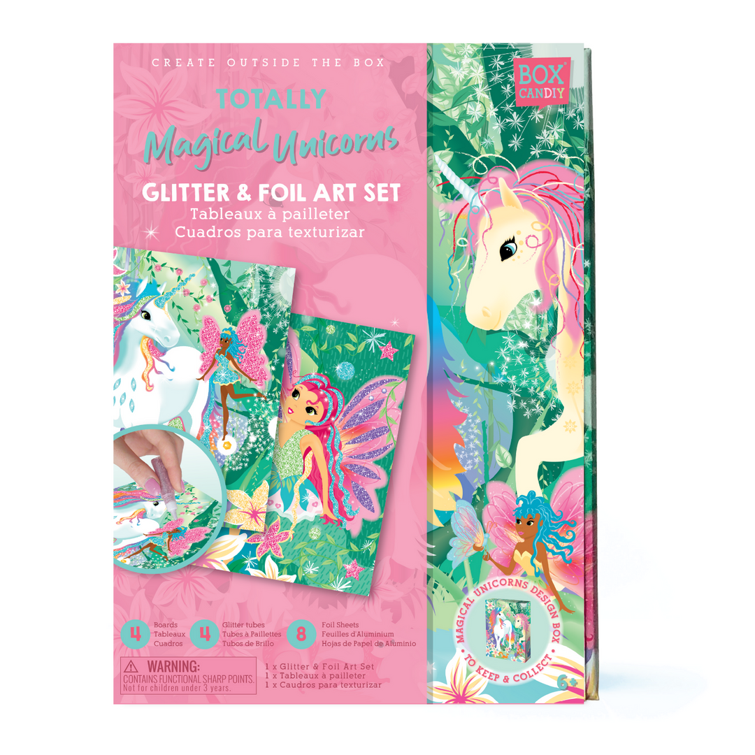 Image of the Totally Magical Unicorns Glitter & Foil Art Set packaged cardboard box that has completed glitter and foil art on the front of it.