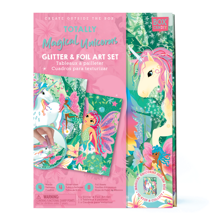 Image of the Totally Magical Unicorns Glitter & Foil Art Set packaged cardboard box that has completed glitter and foil art on the front of it.