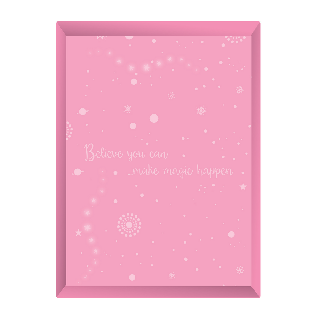Image of the inside of the cardboard box to Totally Magical Unicorns Glitter & Foil Art Set.