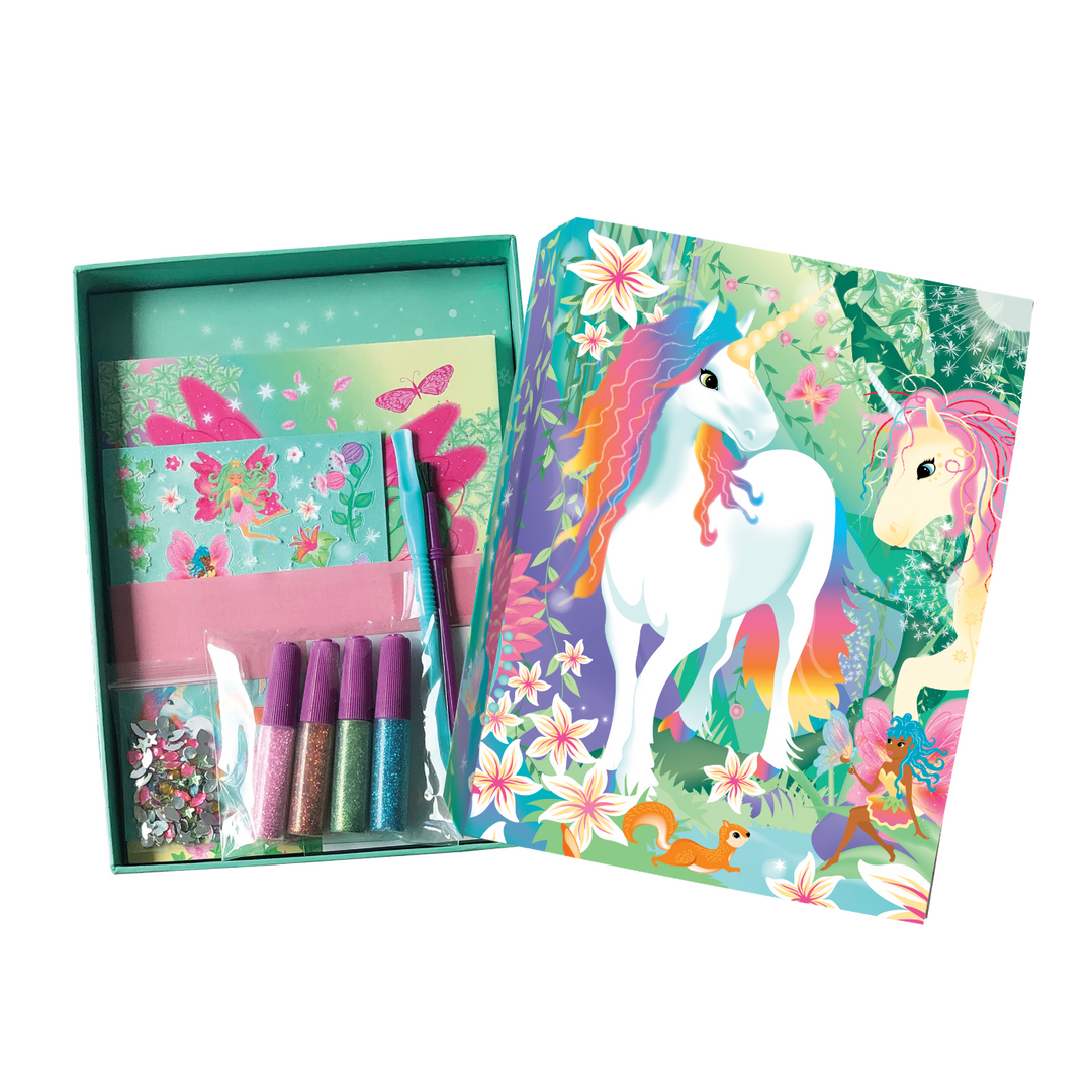 Image of the Totally Magical Unicorns Glitter & Foil Art Set box opened to see the supplies inside.