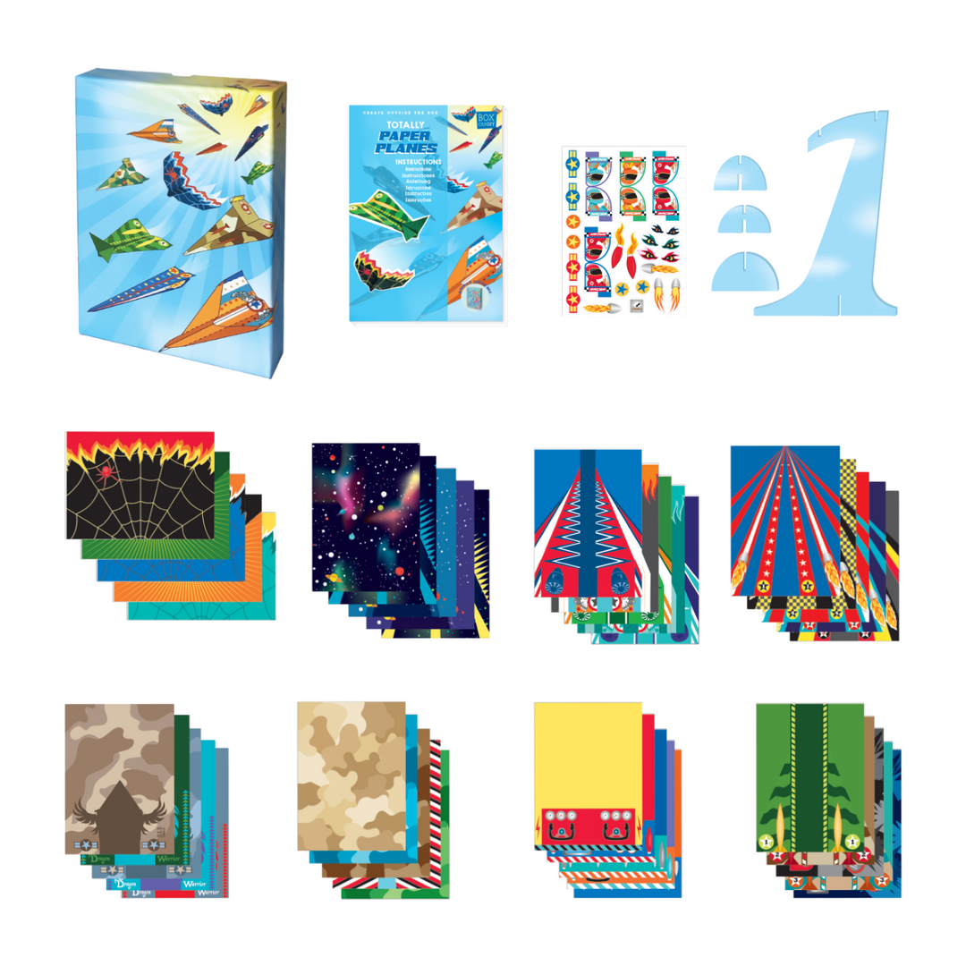 Image of the Totally Paper Planes materials which Includes: 40 sheets of origami paper in 2 sizes, 8 airplane model folding designs, 2 sticker sheets, 1 sheet of cutting paper, 2 cards with press-out figures and airplane stand and instructions, all in a cool keepsake storage box made from recycled cardboard.