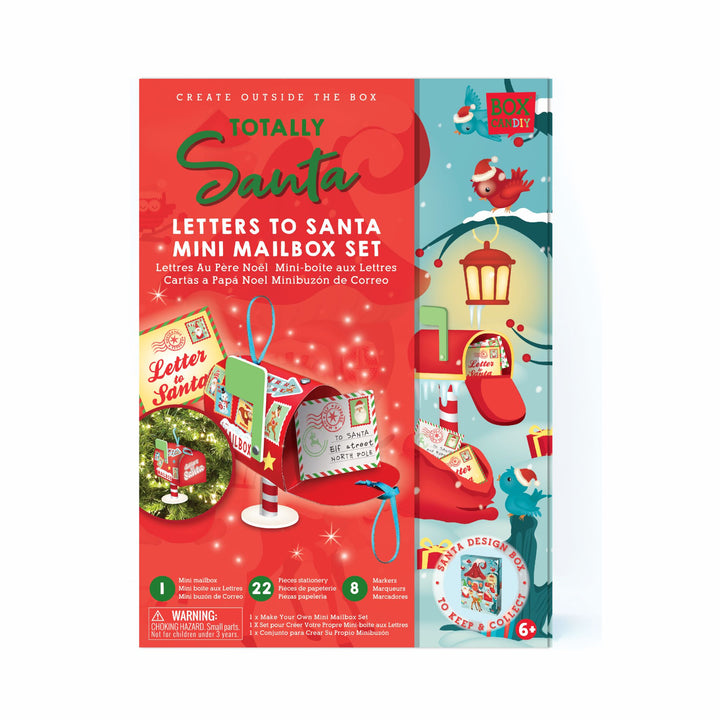 Boxed image of Totally Santa Letters to Santa Mini Mailbox Set that shows a mailbox with Santa mail inside of it.