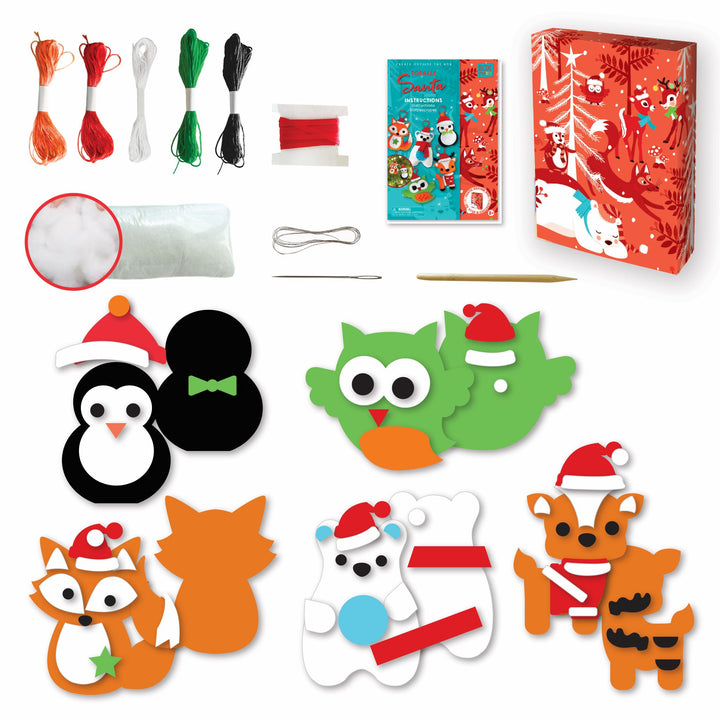 Picture of the materials which Includes: colored pre-cut felt, flexible wire, 1 crafting needle, five colors of thread, red ribbon, stuffing with stuffing tool, and instructions, all in a keepsake storage box made from recycled cardboard.