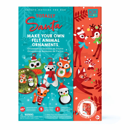 image of the boxed Totally Santa Make Your Own Felt Animal Ornaments that shows completed ornaments on the front. 
