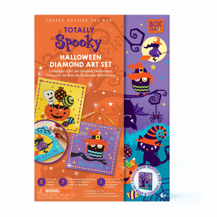 Boxed image of Totally Spooky Halloween Diamond Art Set that shows completed halloween diamond art on the front. 