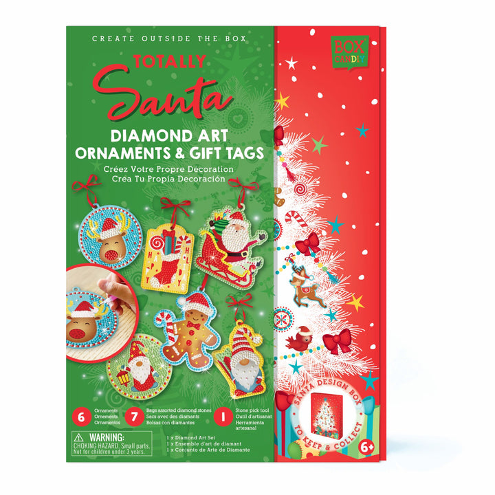 Boxed image of Totally Santa Diamond Art Ornaments & Gift Tags that shows completed Christmas ornaments on the front. 