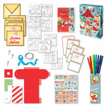 Load image into Gallery viewer, Image of the material which Includes: 4 “Elf Express” letters, 8 coloring cards, 8 envelopes, 8 color markers, decorative blue ribbon, 1 roll double-sided tape, 1 “make your own” mini mailbox, 3 metal brad fasteners, stickers and instructions, all in a keepsake storage box made from recycled cardboard.
