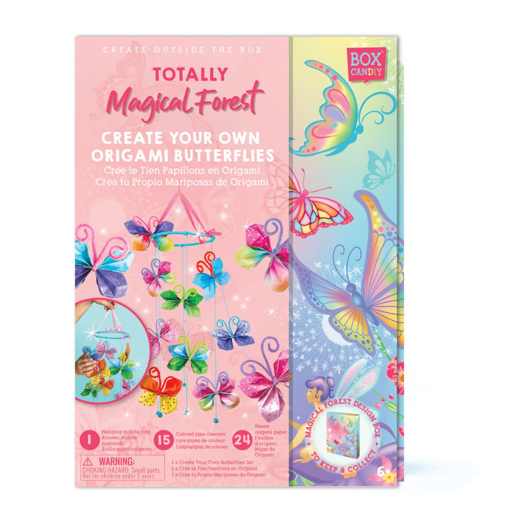 Boxed image of the Totally Magical Forest Create Your Own Origami Butterflies. The front of the box shows colorful butterflies and a completed origami butterfly set. 