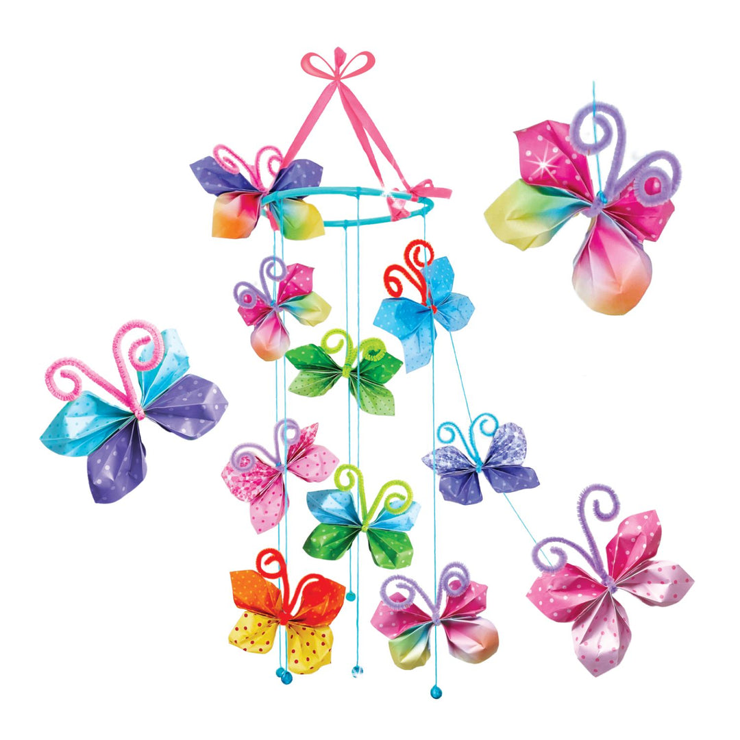 Lifestyle image of a finished origami butterfly set with blue, green, pink, orange, purple, and yellow butterflies. 