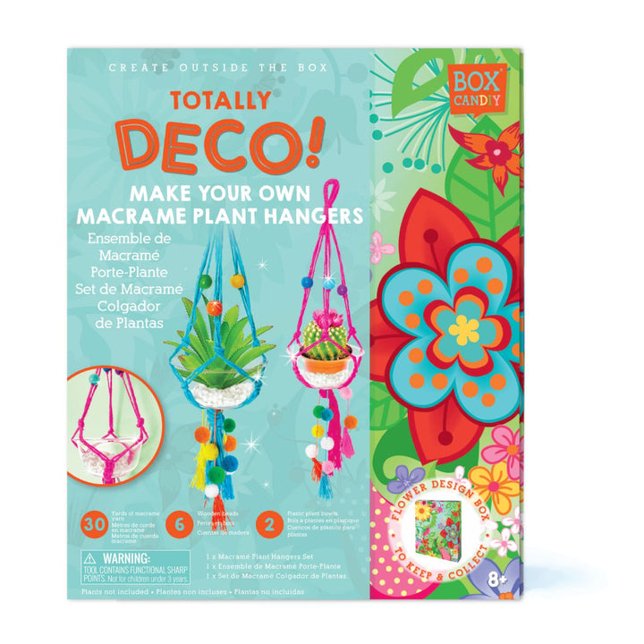 Image of the Totally Deco! Make Your Own Macrame Plant Hangers box that shows two completed plant hangers on the front. 
