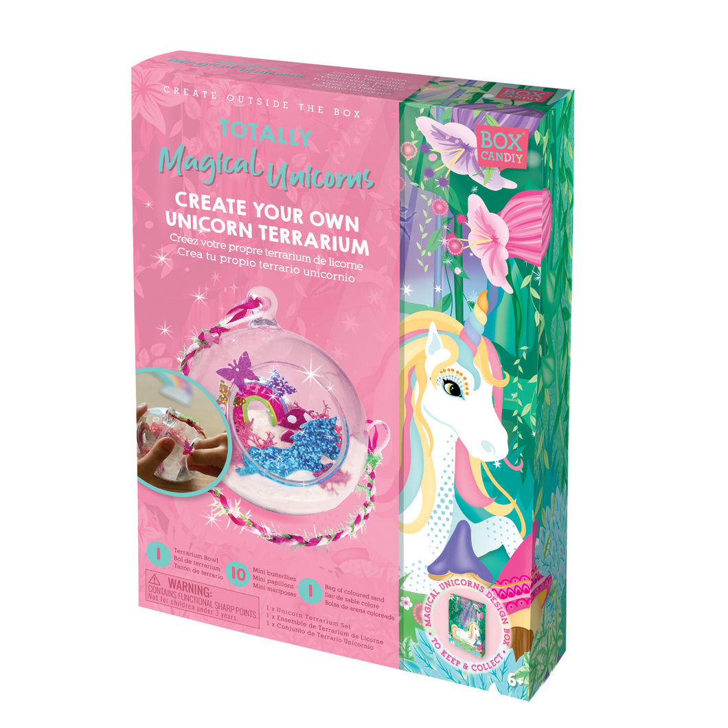 Image of Totally Magical Unicorns Create Your Own Unicorn Terrarium box showing a finished unicorn terrarium on the front of the box. 