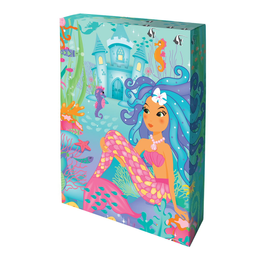 Image of the outside of the Totally Mermaids Create Your Own Mermaid Terrarium cardboard box that shows a mermaid underwater with sea horses and a castle.