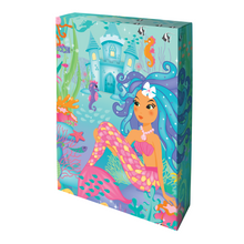 Load image into Gallery viewer, Image of the outside of the Totally Mermaids Create Your Own Mermaid Terrarium cardboard box that shows a mermaid underwater with sea horses and a castle.
