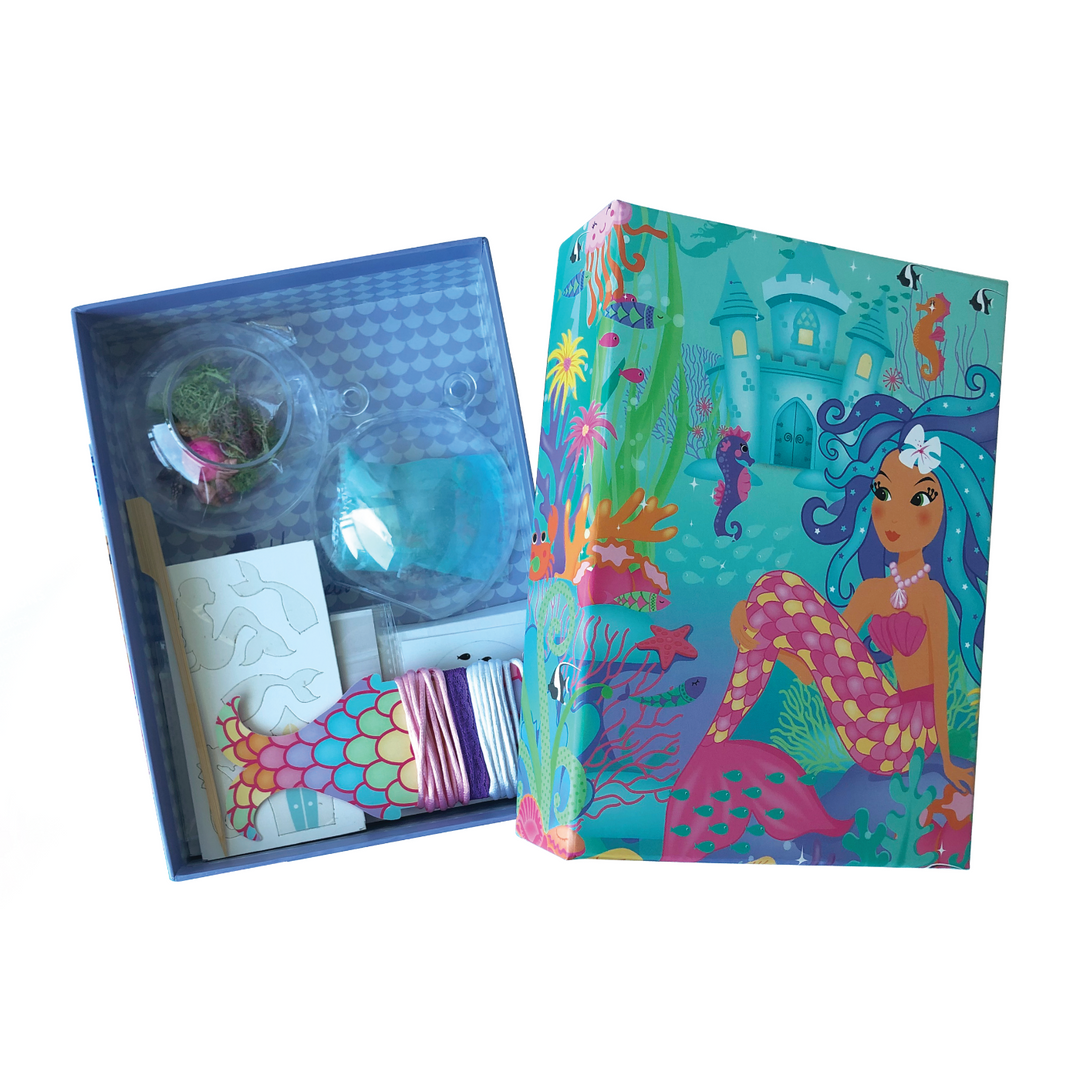 Image of Totally Mermaids Create Your Own Mermaid Terrarium opened box to show the materials inside. 