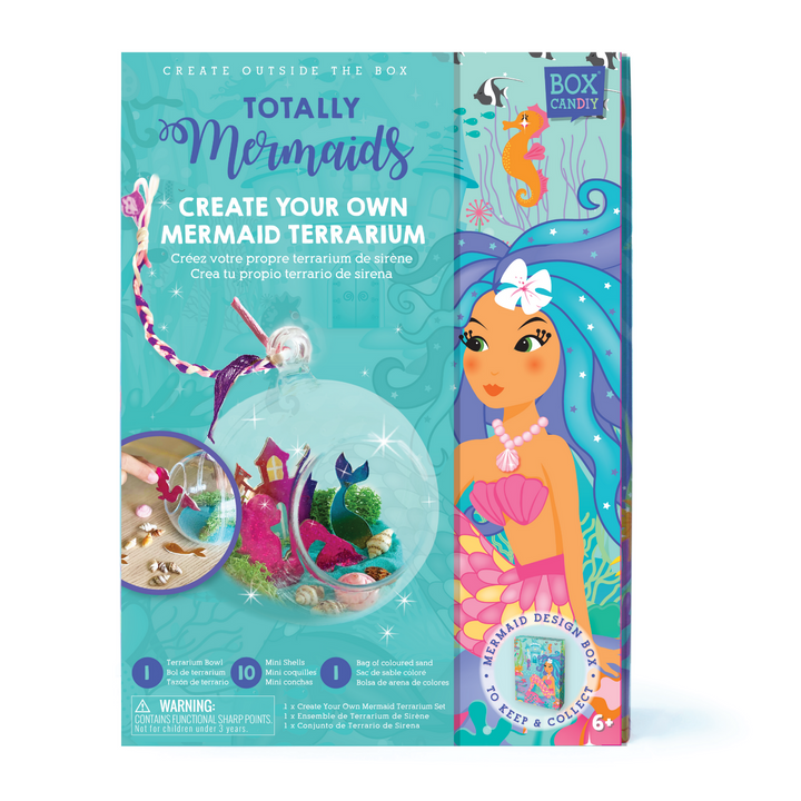 Boxed image of Totally Mermaids Create Your Own Mermaid Terrarium that has a completed terrarium on the front of the box.