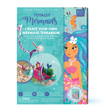 Load image into Gallery viewer, Boxed image of Totally Mermaids Create Your Own Mermaid Terrarium that has a completed terrarium on the front of the box.
