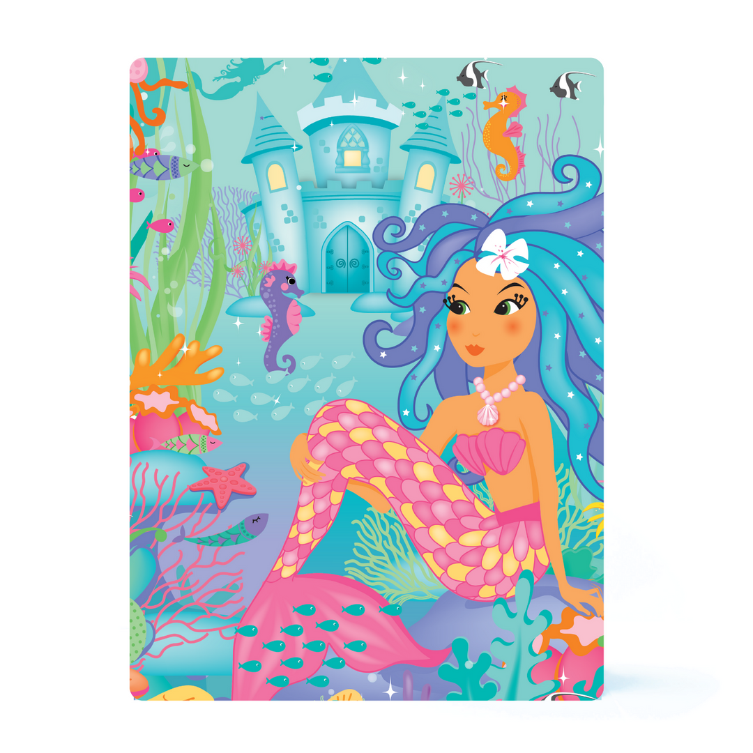 Image of the outside of the Totally Mermaids Create Your Own Mermaid Terrarium cardboard box that shows a mermaid underwater with sea horses and a castle. 