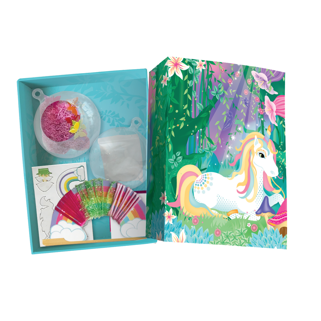 Image of Totally Magical Unicorns Create Your Own Unicorn Terrarium opened box showing all of the supplies inside. 