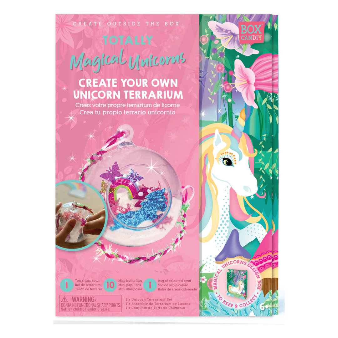 Image of Totally Magical Unicorns Create Your Own Unicorn Terrarium box showing a finished unicorn terrarium on the front of the box.  