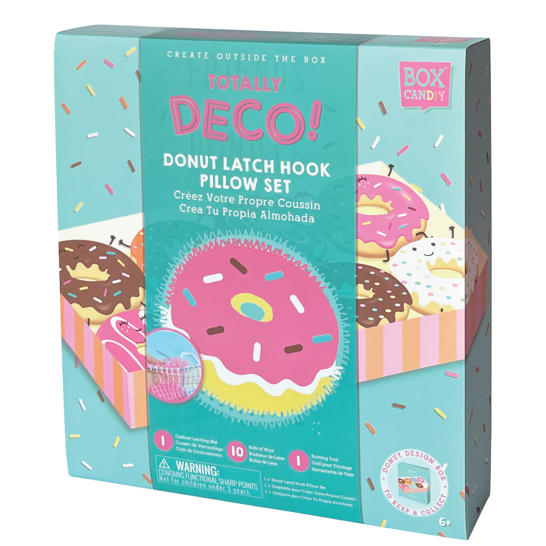 In box image of Totally Deco! Donut Latch Hook Pillow Set with the finished product shown on the front. 