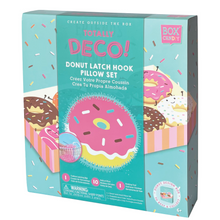 Load image into Gallery viewer, In box image of Totally Deco! Donut Latch Hook Pillow Set with the finished product shown on the front. 

