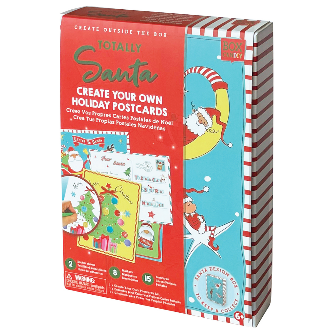 Boxed image of Totally Santa Create Your Own Holiday Postcards that shows cute Christmas cards on the front of the packaging. 