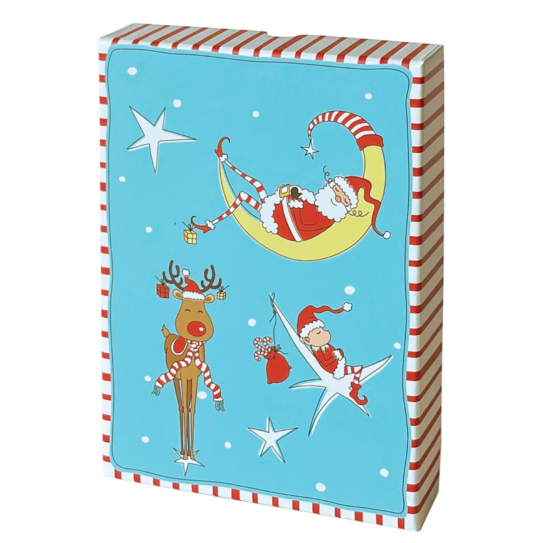 Image of the Totally Santa Create Your Own Holiday Postcards cardboard box that has a Santa, reindeer and elf on the front. 