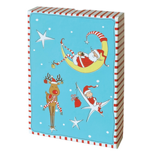 Load image into Gallery viewer, Image of the Totally Santa Create Your Own Holiday Postcards cardboard box that has a Santa, reindeer and elf on the front. 
