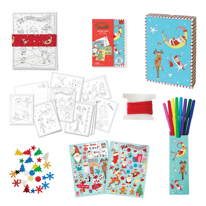 Image of Holiday Postcards materials which Includes: 15 (2-sided) postcards to color and mail, 2 sticker sheets, 8 color markers, decorative red ribbon, assorted glitter sequins and instructions, all in a fun decorative storage box made from recycled cardboard.
