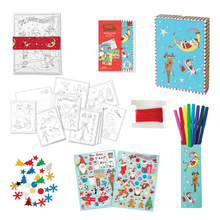 Load image into Gallery viewer, Image of Holiday Postcards materials which Includes: 15 (2-sided) postcards to color and mail, 2 sticker sheets, 8 color markers, decorative red ribbon, assorted glitter sequins and instructions, all in a fun decorative storage box made from recycled cardboard.
