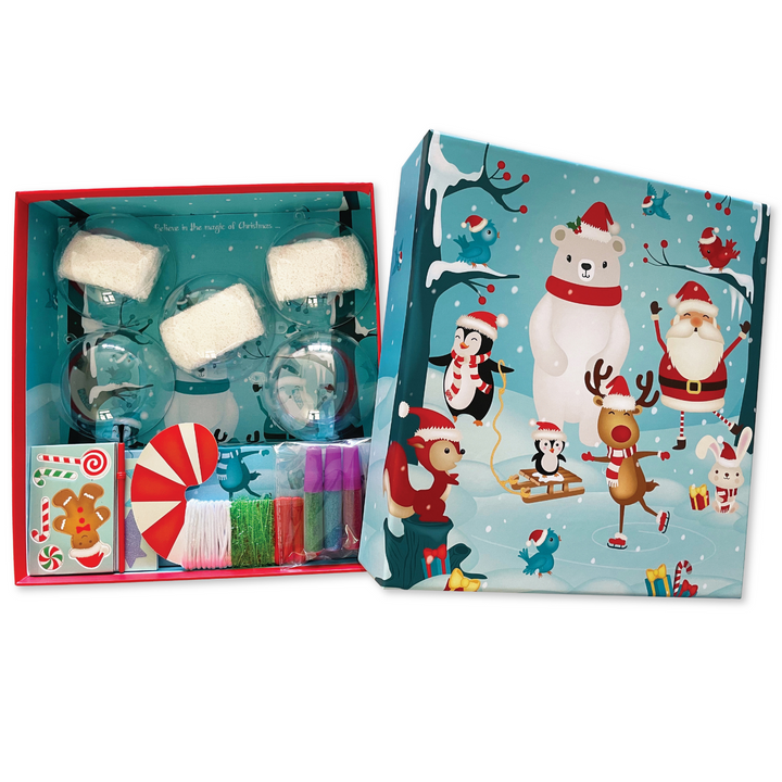 Image of Totally Santa Make Your Own Ornaments  Set of 3  box opened to show the packaged materials inside. 