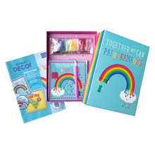 Load image into Gallery viewer, Image of contents of Totally Deco! Diamond Art Set 5 artboard cards with 5 hangers, 7 small bags of assorted plastic diamond stones, 1 stone pick pen tool, 1 square of pen wax and instructions, all in a sparkling keepsake storage box made from recycled cardboard.
