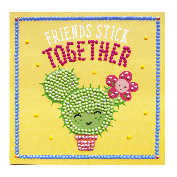 Completed diamond art with cactus image and "friends stick together" phrase.