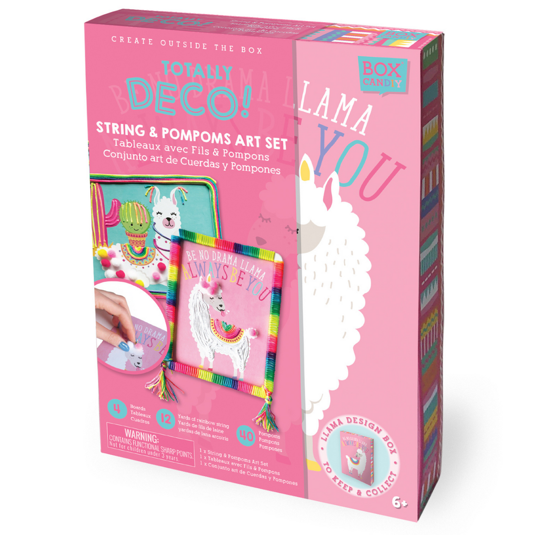 Image of the Totally Deco! String & Pompoms Art Set box that shows completed art on the front of the box. 