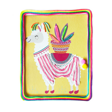 Load image into Gallery viewer, Image of a completed String and Pompoms Art Set which is a Llama decorated in colorful string and a Pompom tail. 
