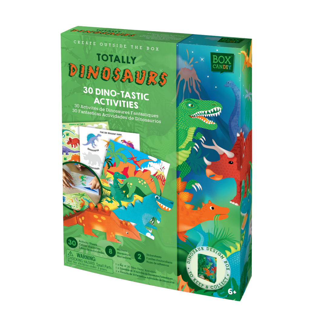 Image of the Totally Dinosaurs 30 Dino-tastic Activities box that has dinosaurs and finished dinosaur activities on the front of the box. 