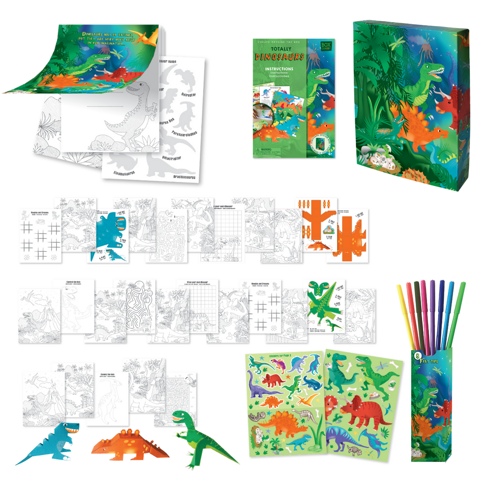 image of the Totally Dinosaur 30 Dino-tastic Activites box and everything it comes with which it Includes: a dinosaur activity book with 30 tear-off activity pages, 2 sticker sheets, 8 color markers and instructions, all in a colorful keepsake storage box made from recycled cardboard.