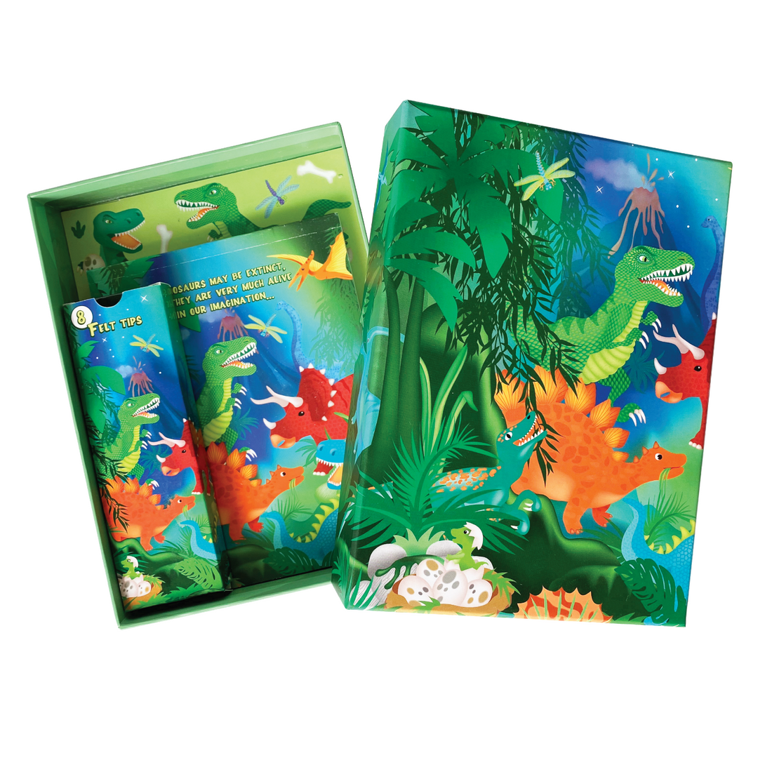 Image of the Totally Dinosaurs 30 Dino-tastic Activities box which is open to show the packaged contents inside. Everything is covered in dinosaurs. 