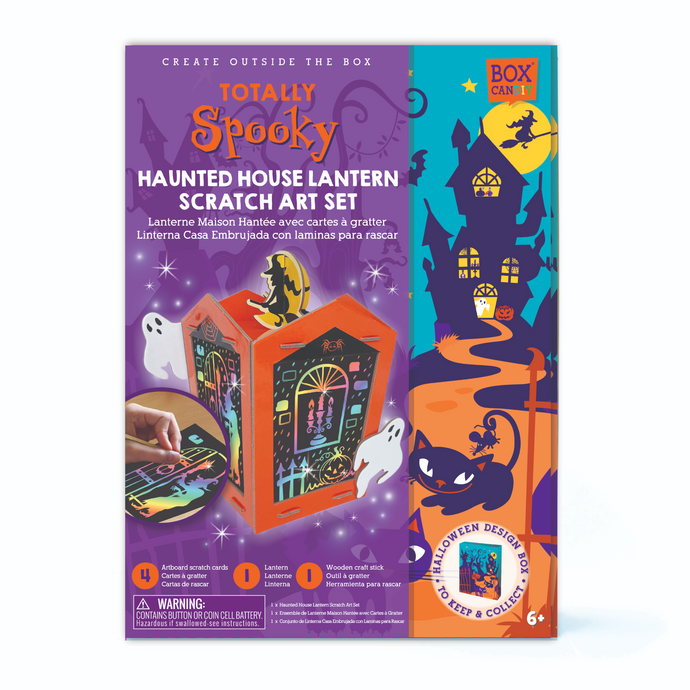 Boxed Image of Totally Spooky Haunted House Lantern Scratch Art Set. 