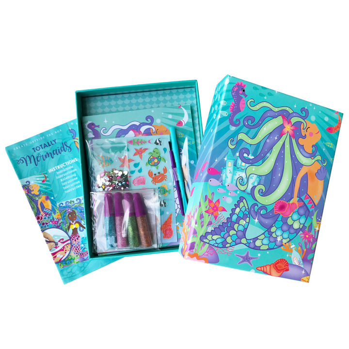 Image of Totally Mermaids Glitter & Foil Art Set opened box that shows the packaged materials inside. 