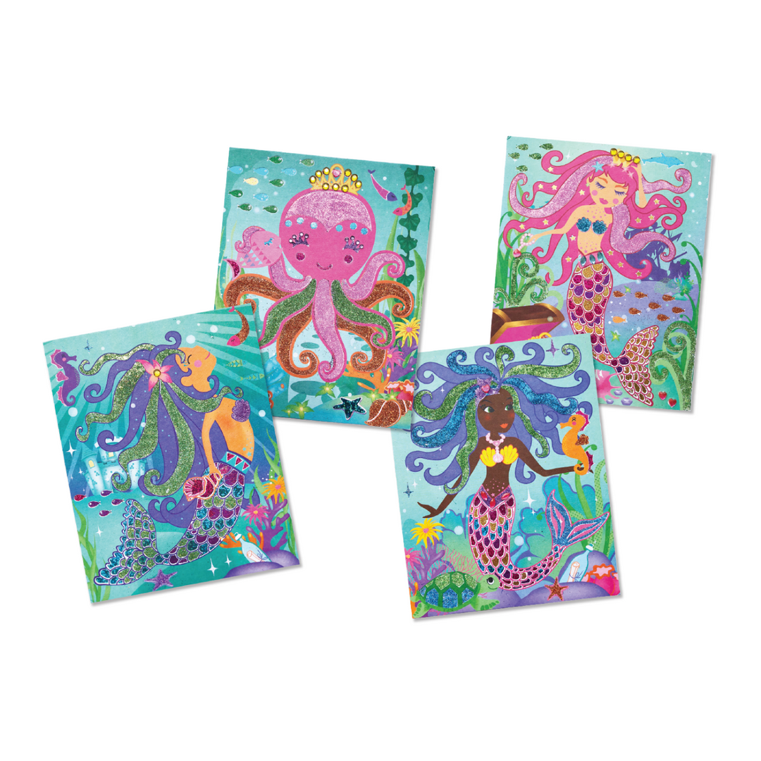 Image of four completed Totally Mermaids Glitter & Foil Art.