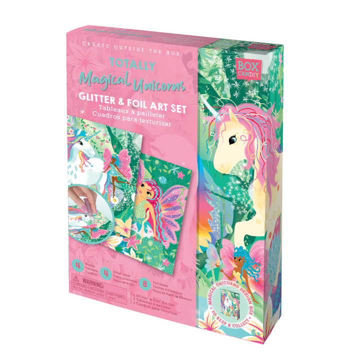 Image of the Totally Magical Unicorns Glitter & Foil Art Set packaged cardboard box that has completed glitter and foil art on the front  of it. 
