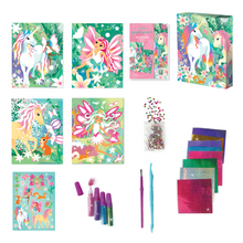 Load image into Gallery viewer, Image of the contents of the Unicorns Glitter &amp; Foil Art which Includes: 4 tubes with powder glitter, 1 plastic brush, 1 plastic craft stick, 8 foil sheets, 4 artboard cards with peel-off paper, 1 bag with assorted plastic gems, 1 sticker sheet and instructions, all in a beautiful keepsake storage box made from recycled cardboard.
