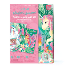 Load image into Gallery viewer, Image of the Totally Magical Unicorns Glitter &amp; Foil Art Set packaged cardboard box that has completed glitter and foil art on the front of it.  
