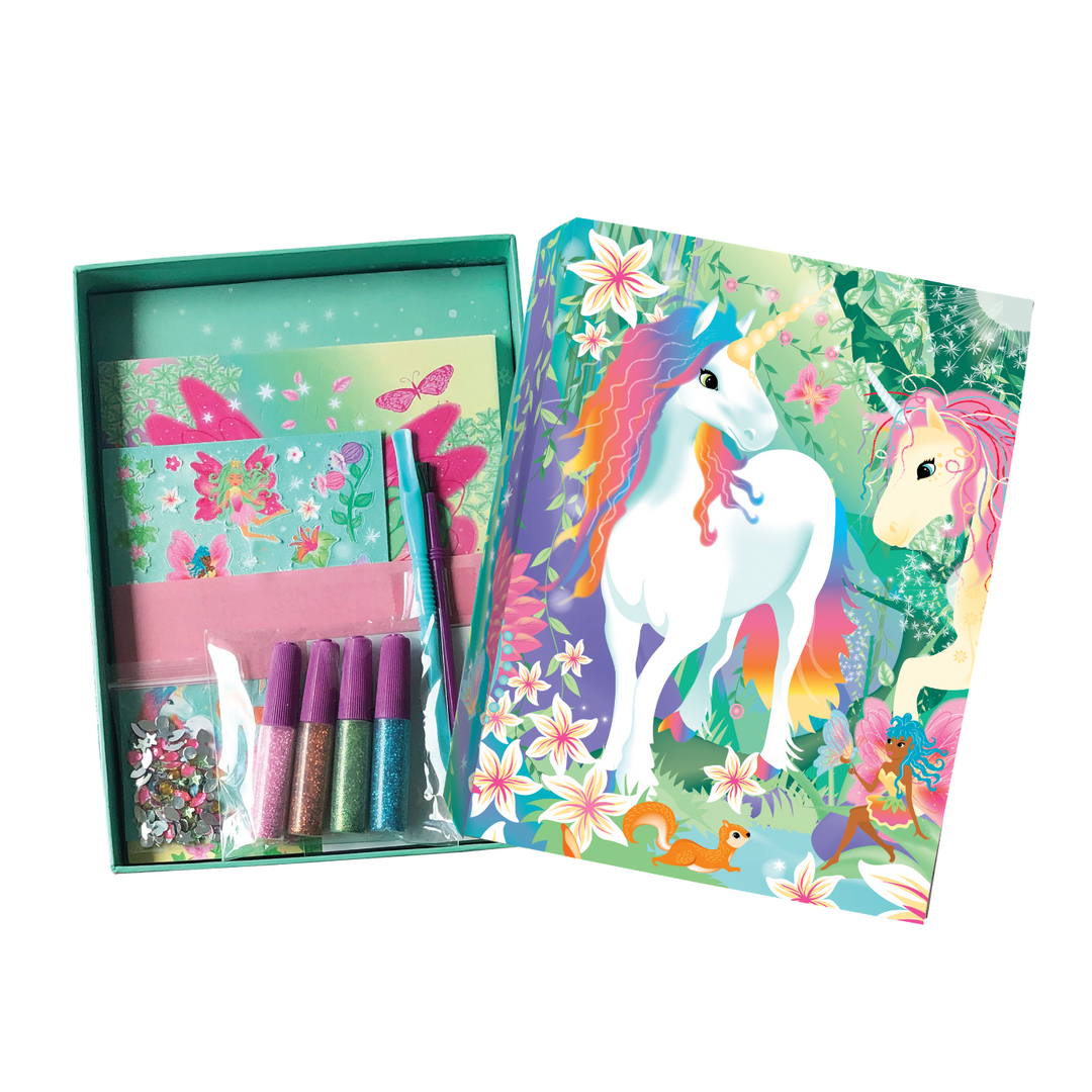 Image of the Totally Magical Unicorns Glitter & Foil Art Set box opened to see the supplies inside. 